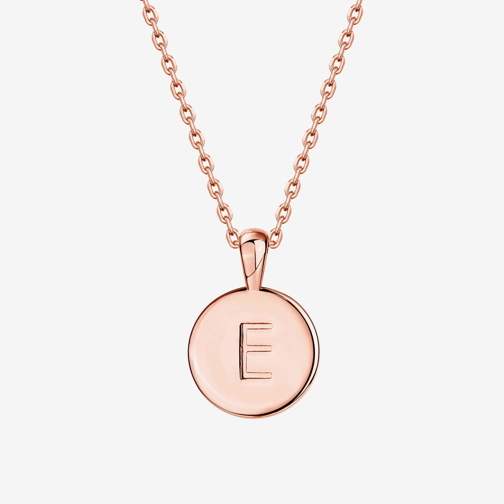 Initial Disc Pendant E, Rose Gold Necklace 