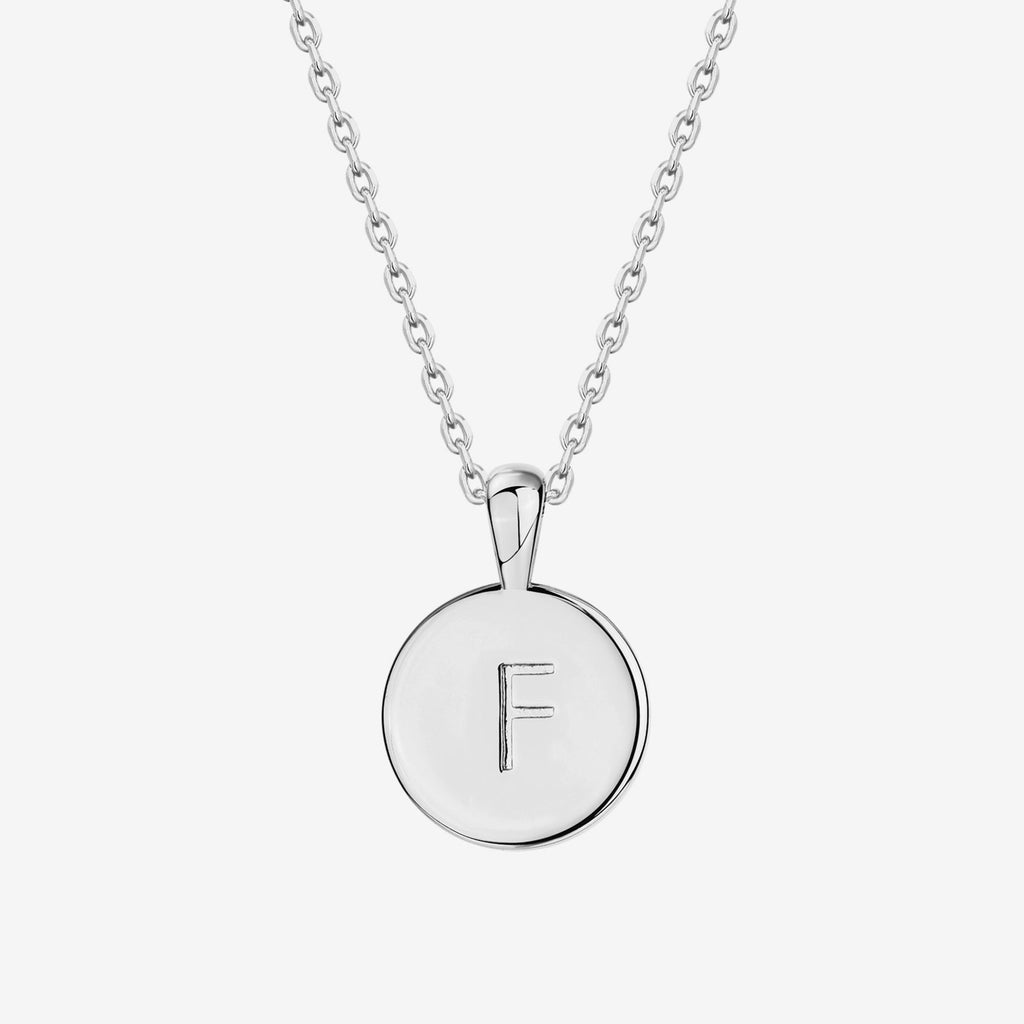 Initial Disc Pendant F, White Gold Necklace 