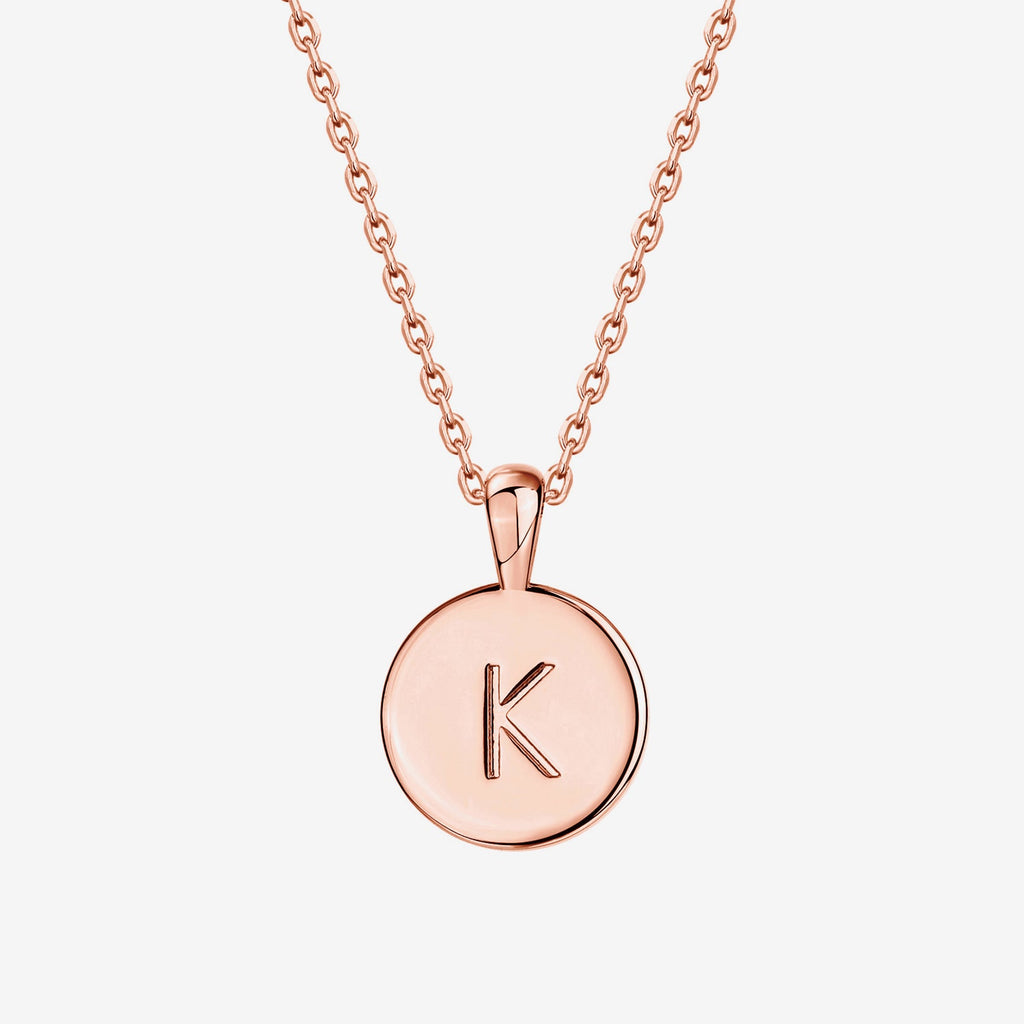 Initial Disc Pendant K, Rose Gold Necklace 