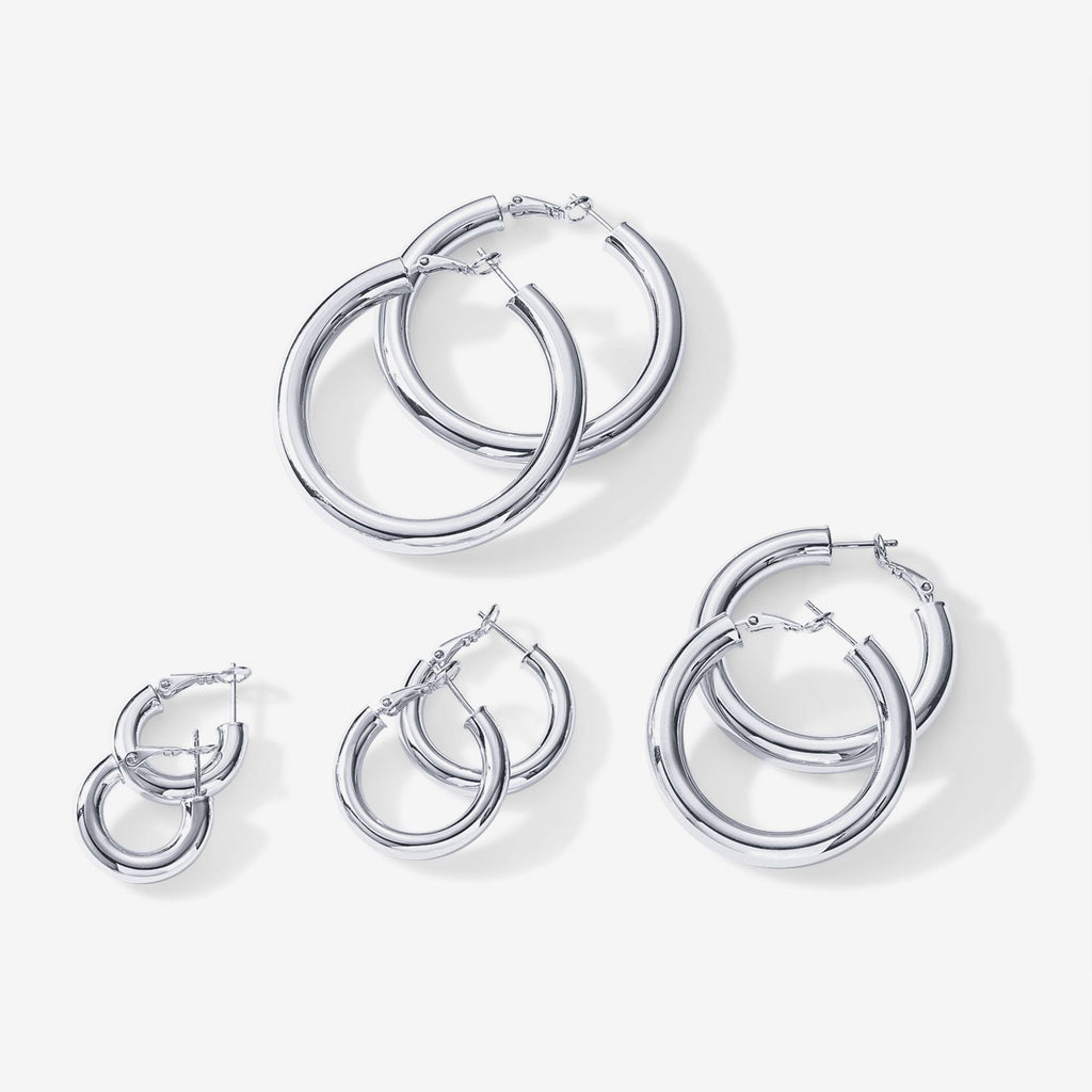 Clasp Back Chunky Hoops White Gold, 20 Millimeters, 30 Millimeters, 40 Millimeters, 50 Millimeters Earring 