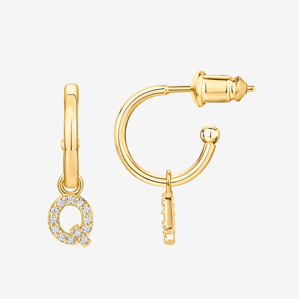 Letter Drop Hoops Q, Yellow Gold Earring 