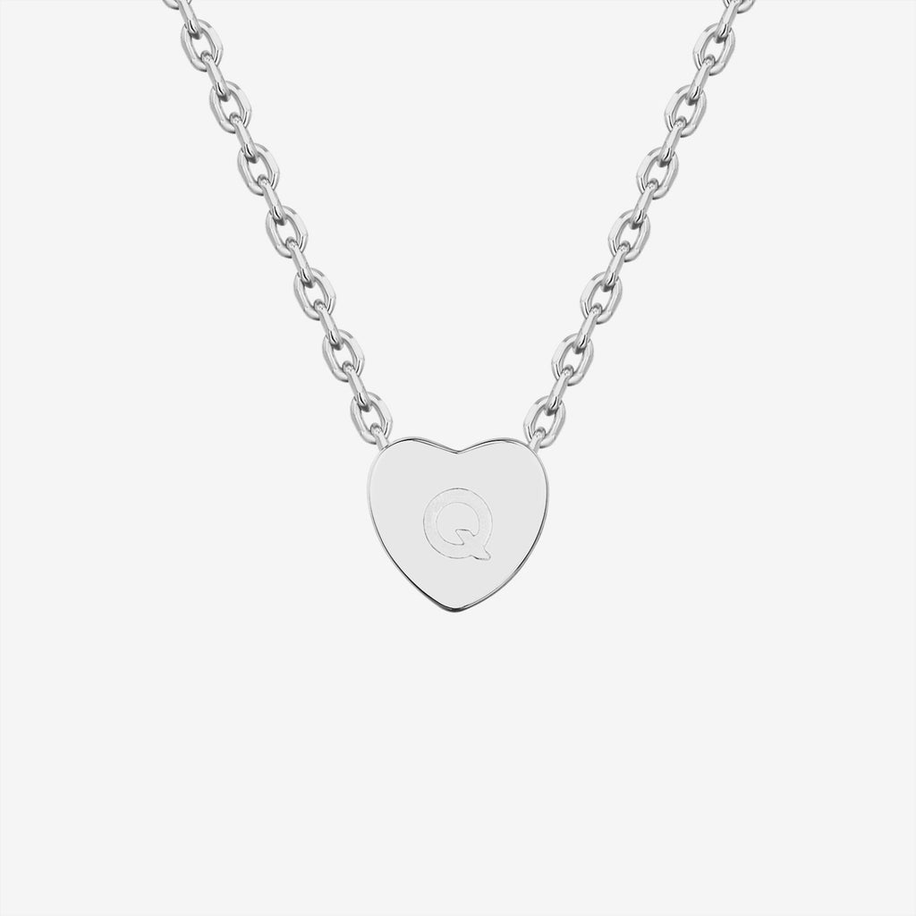 Dainty Heart Initial Necklace Q, White Gold Necklace 