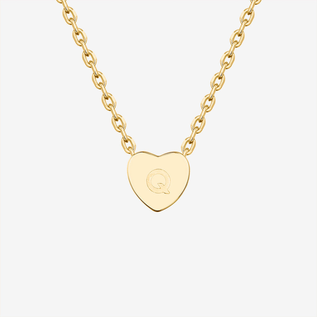 Dainty Heart Initial Necklace Q, Yellow Gold Necklace 