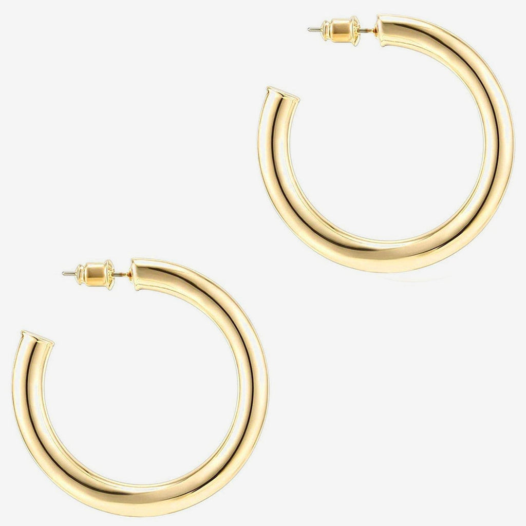 Hammered Thick Hoop 40mm, Yellow Gold Earring 