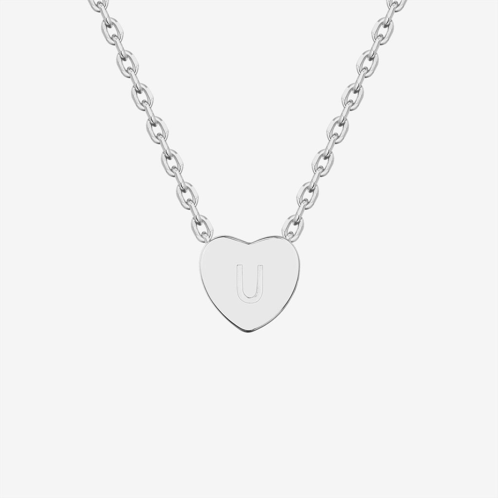 Dainty Heart Initial Necklace U, White Gold Necklace 