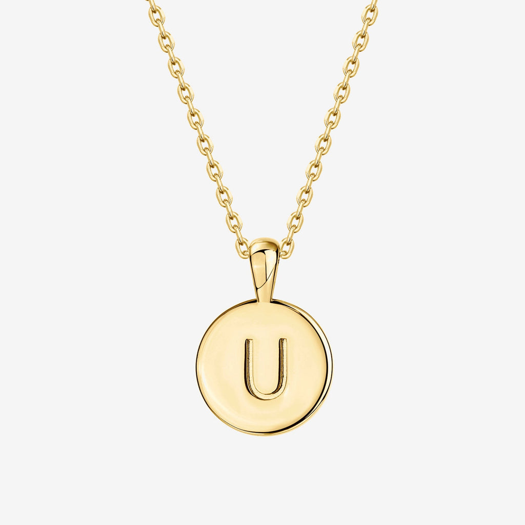 Initial Disc Pendant U, Yellow Gold Necklace 