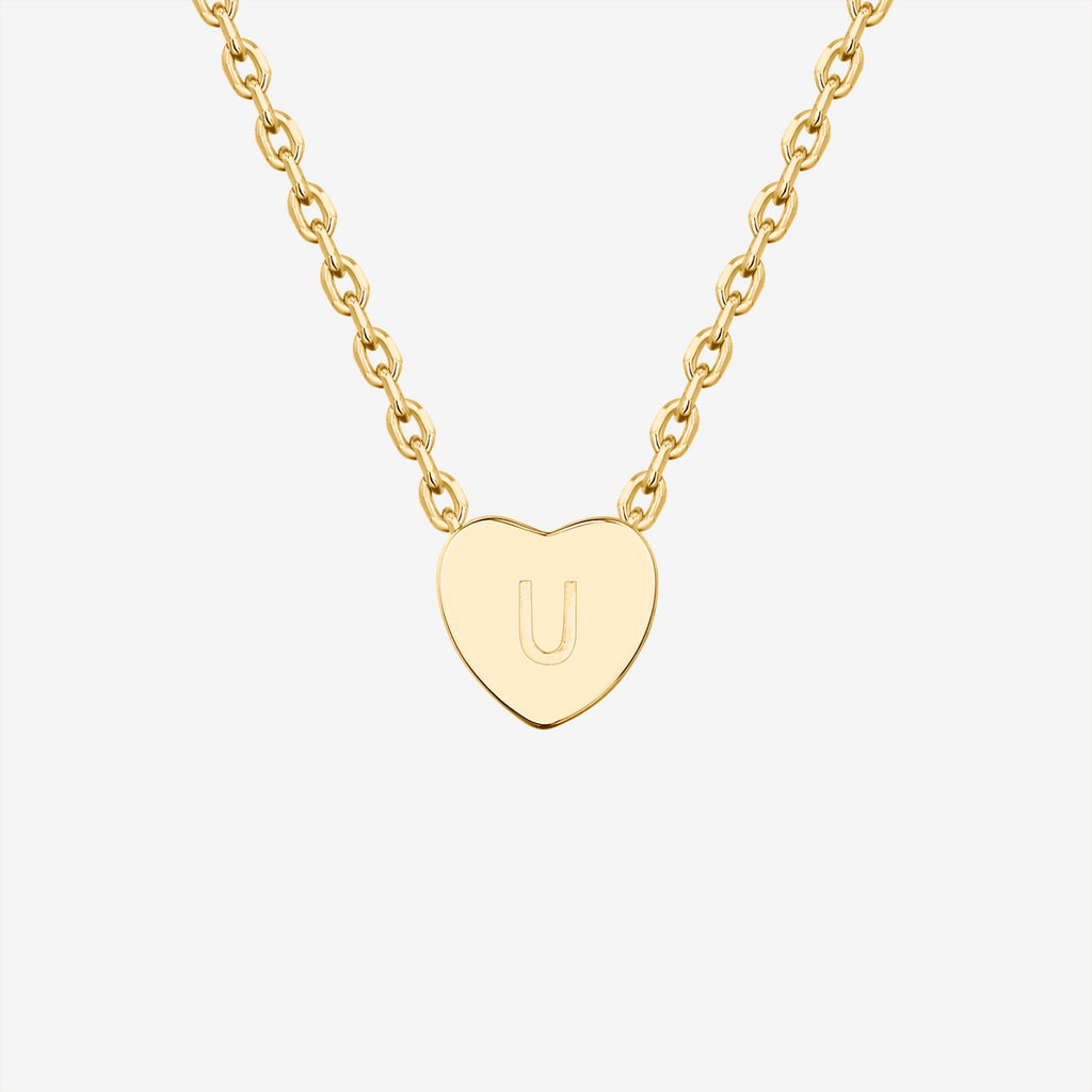 Dainty Heart Initial Necklace U, Yellow Gold Necklace 