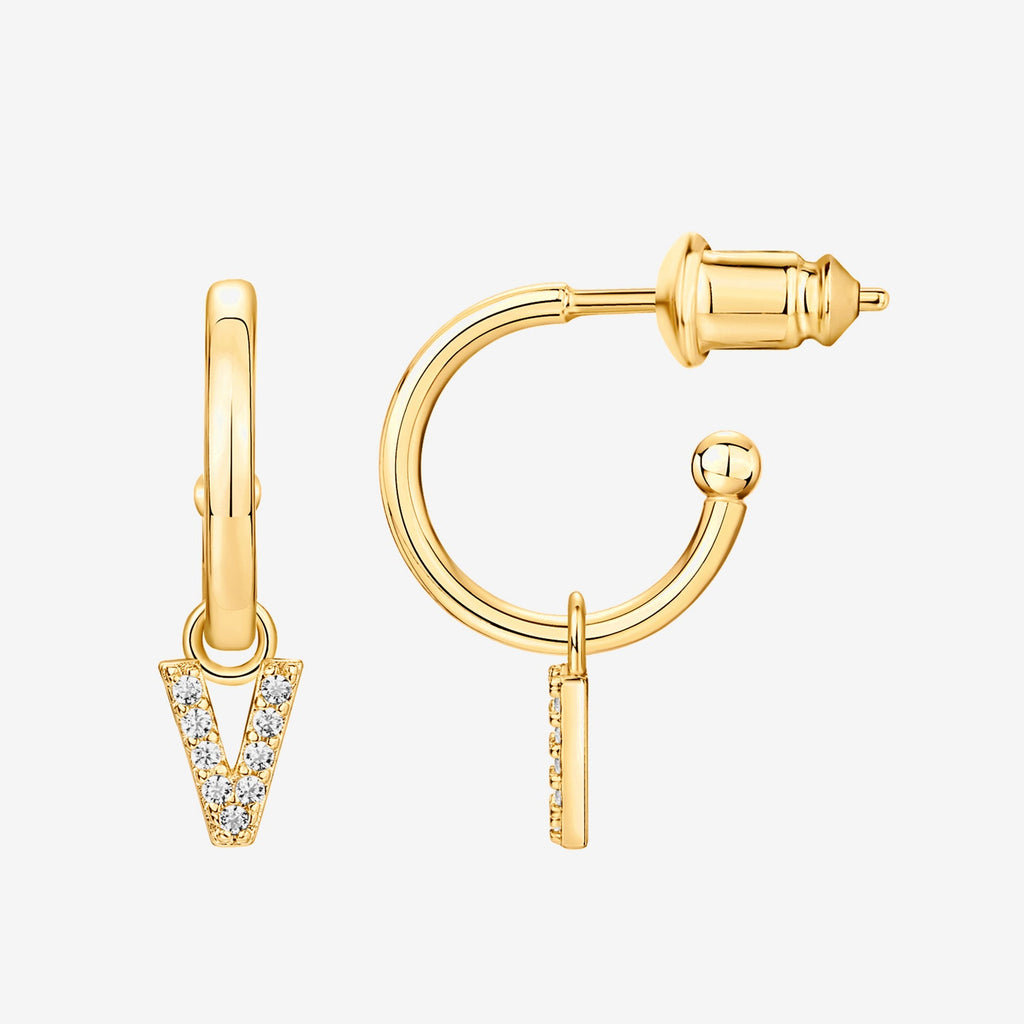Letter Drop Hoops V, Yellow Gold Earring 