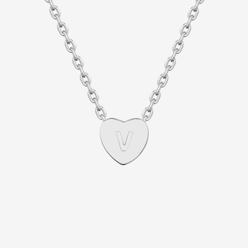 Dainty Heart Initial Necklace V, White Gold Necklace 